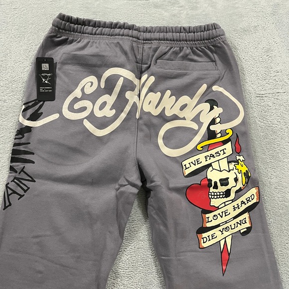 ED HARDY Sweatpants Men's Small Love Skull Kills‎ Japan Baggy Y2K Gray Grunge - Picture 1 of 11